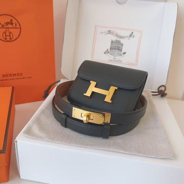 HM KELLY CONSTANCE SLIM WALLET BELT IN BLACK CALFSKIN GOLD HARDWARE