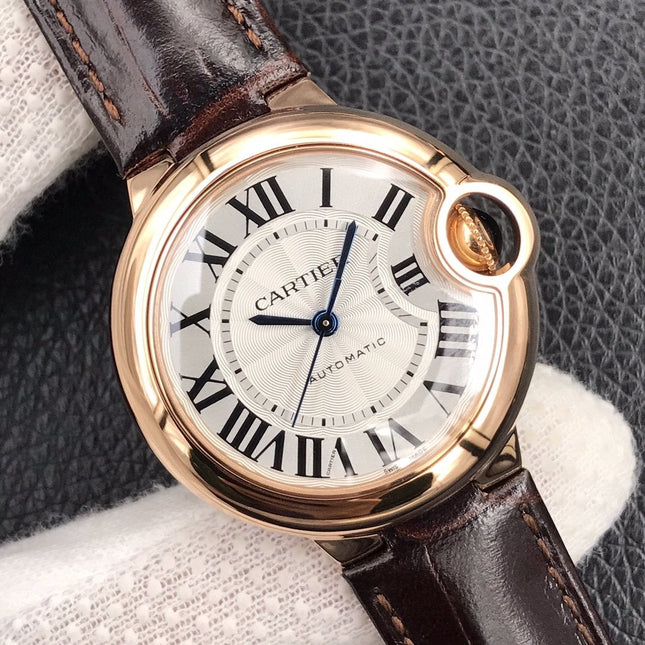 BALLON BLEU 33MM AUTOMATIC ROSE GOLD CASE BROWN LEATHER