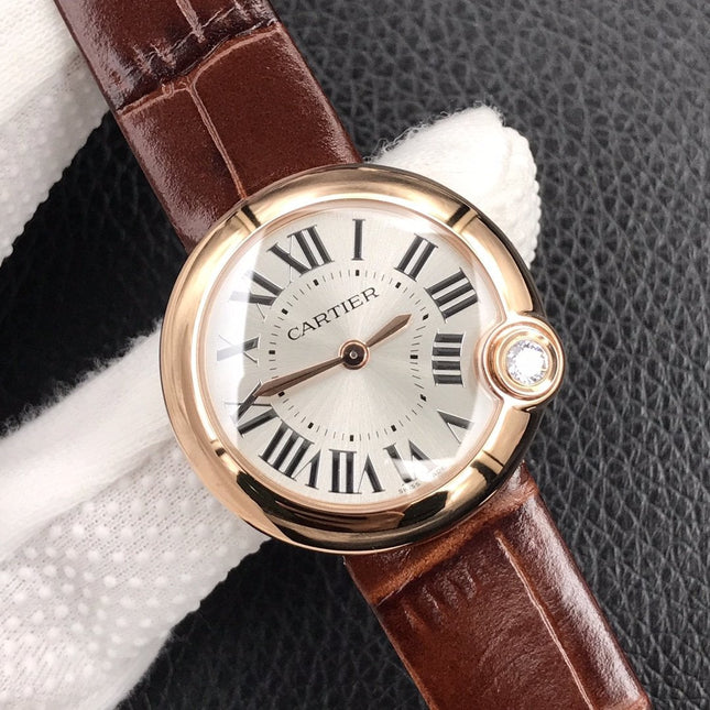 BALLON BLANC DE CARTIER QUARTZ ROSE GOLD BROWN LEATHER