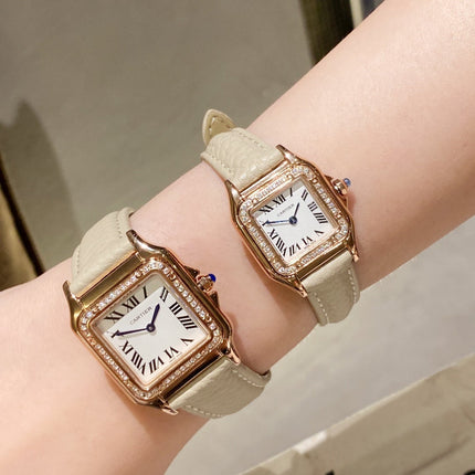 PANTHERE DE CARTIE DIAMOND BEZEL ROSE GOLD BEIGE LEATHER