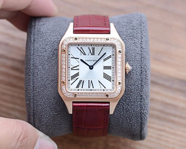 SANTOS DUMONT QUARTZ 33MM ROSE GOLD DIAMOND BEZEL