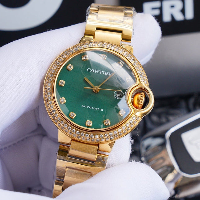 BALLON BLEU 33MM GOLD GREEN DIAL DIAMOND NUMERALS