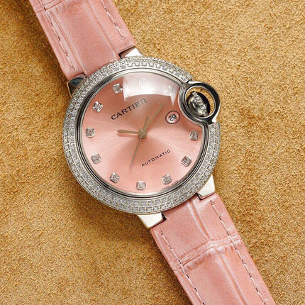 BALLON BLEU 33MM STEEL CASE DIAMOND NUMERALS LEATHER STRAP