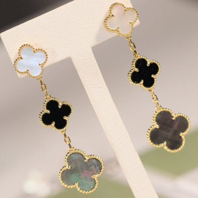 CLOVER EARRINGS GOLD ONYX MOP 3 MOTIF