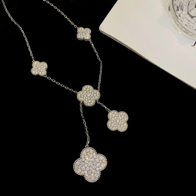 CLOVER 5 MOTIFS SILVER DIAMONDS NECKLACE