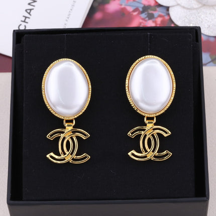 DOUBLE C GOLD WHITE DROP EARRINGS