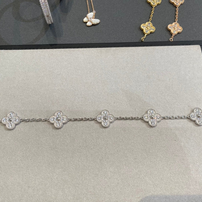 CLOVER 5 MOTIFS SILVER DIAMOND BRACELET