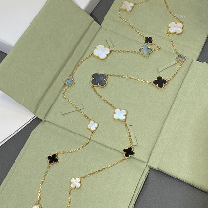 CLOVER ONYX MOP 16 MOTIF GOLD 130CM NECKLACE