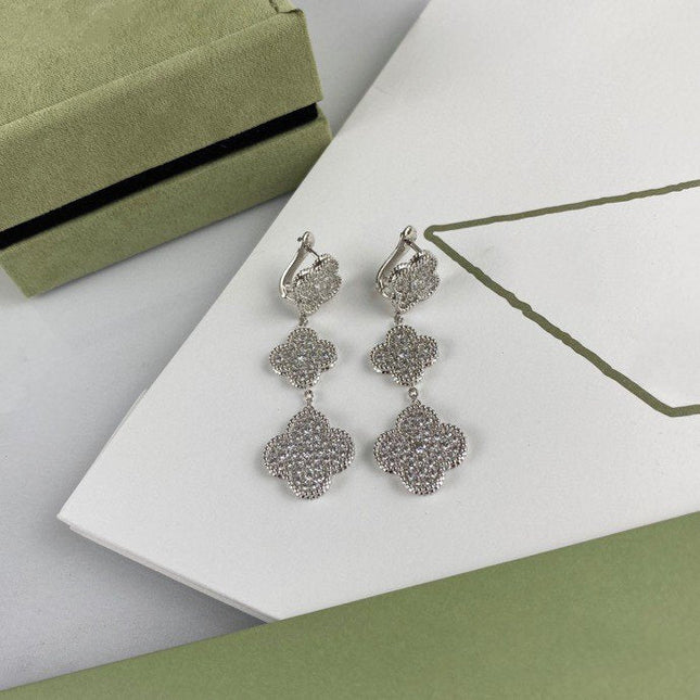 CLOVER 3 MOTIF DIAMOND SILVER DROP EARRINGS