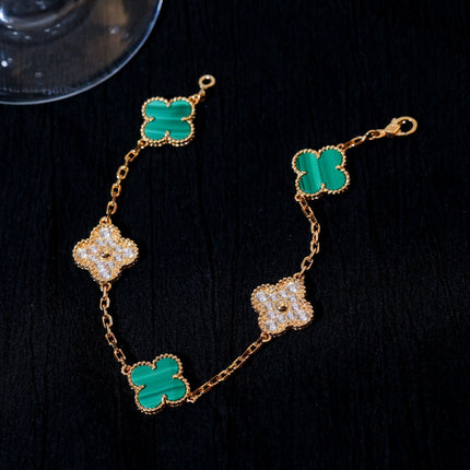 CLOVER 5 MOTIF MALACHITE DIAMOND PINK GOLD BRACELET