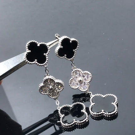 CLOVER 3 MOTIF DIAMOND ONYX SILVER EARRINGS