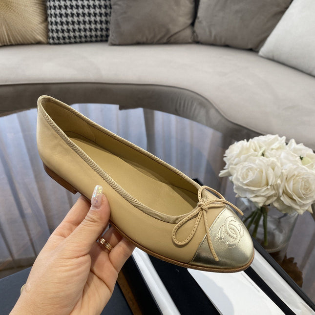 BALLET FLATS BEIGE SILVER LAMBSKIN CANVAS