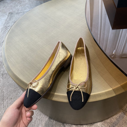 BALLET FLATS GOLD BLACK LAMBSKIN CANVAS