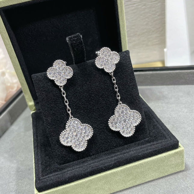 CLOVER 2 MOTIFS DIAMOND PAVED SILVER EARRINGS