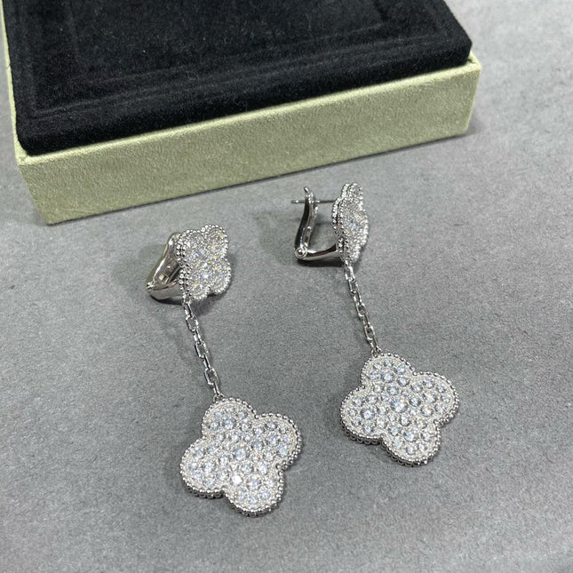 CLOVER 2 MOTIFS DIAMOND PAVED SILVER EARRINGS