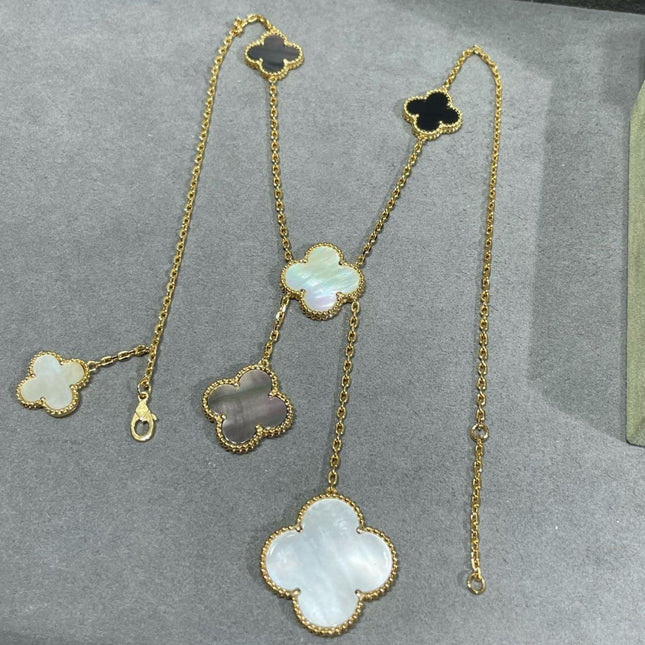 CLOVER 6 MOTIF MOP ONYX GOLD NECKLACE