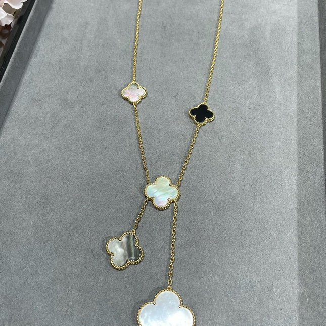 CLOVER 6 MOTIF MOP ONYX GOLD NECKLACE