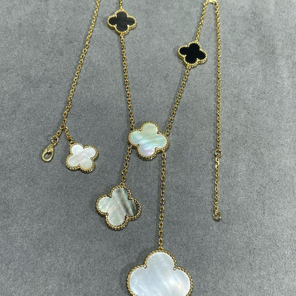 CLOVER 6 MOTIF MOP ONYX GOLD NECKLACE