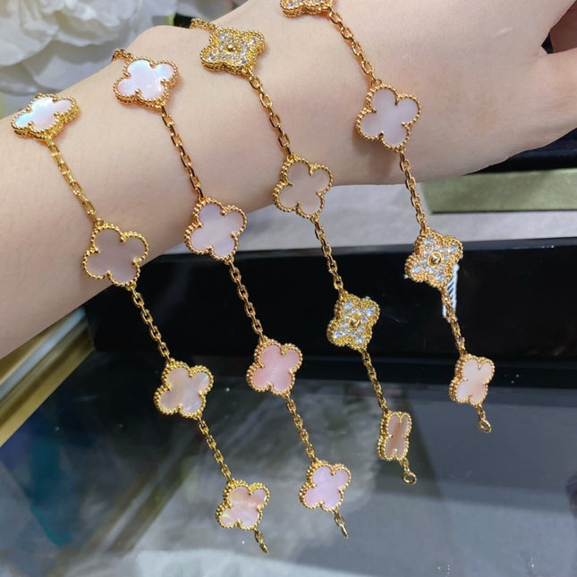 CLOVER 5 MOTIF DIAMOND PINK MOP PINK GOLD BRACELET