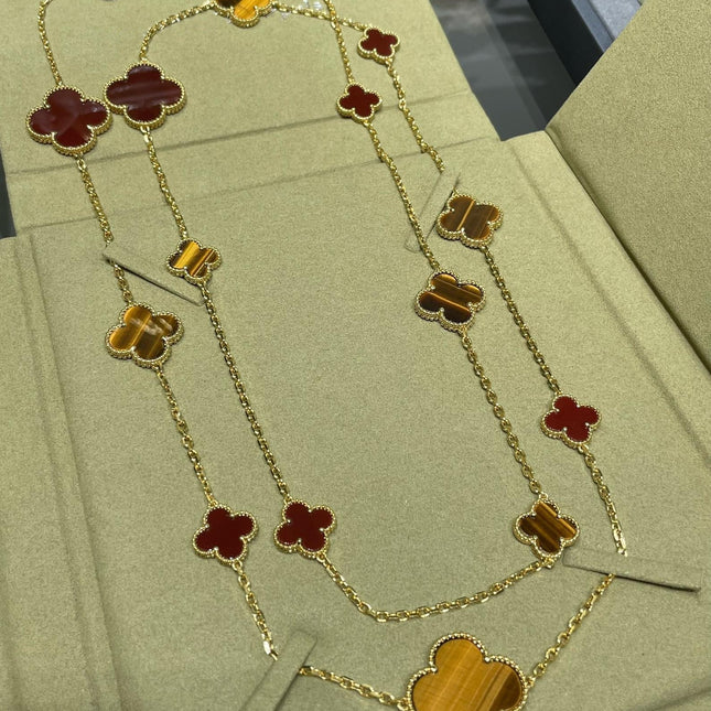 CLOVER 16 MOTIF CARNELIAN TIGER EYE PINK GOLD NECKLACE