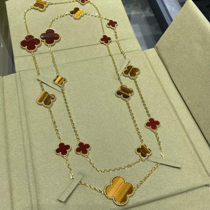 CLOVER 16 MOTIF CARNELIAN TIGER EYE PINK GOLD NECKLACE