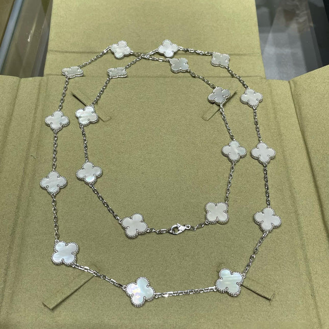 CLOVER 20 MOTIF WHITE MOP 86CM SILVER NECKLACE