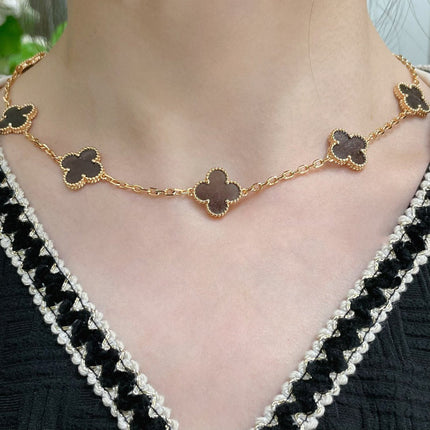 CLOVER 10 MOTIF GREY MOP PINK GOLD NECKLACE