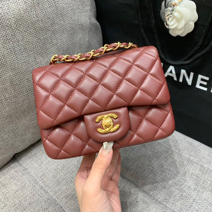 MINI SQUARE FLAP BAG 17CM BURGUNDY LAMBSKIN GOLD HARDWARE