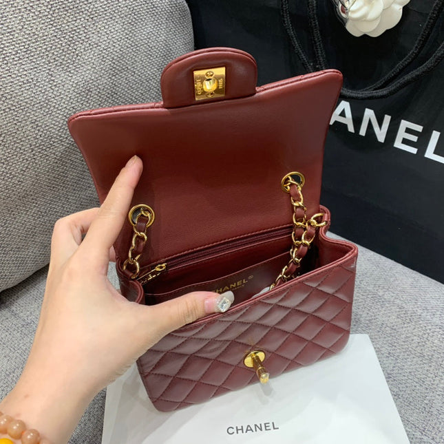 MINI SQUARE FLAP BAG 17CM BURGUNDY LAMBSKIN GOLD HARDWARE