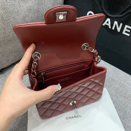 MINI SQUARE FLAP BAG 17CM BURGUNDY LAMBSKIN SILVER HARDWARE