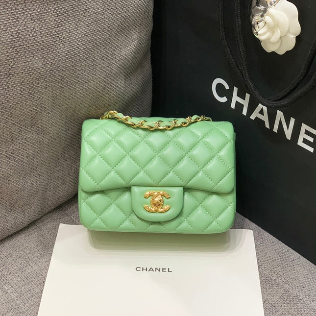 MINI SQUARE FLAP BAG 17CM LIGHT GREEN LAMBSKIN GOLD HARDWARE