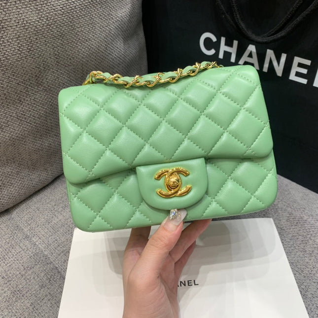 MINI SQUARE FLAP BAG 17CM LIGHT GREEN LAMBSKIN GOLD HARDWARE