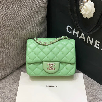 MINI SQUARE FLAP BAG 17CM LIGHT GREEN LAMBSKIN SILVER HARDWARE