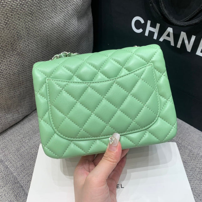 MINI SQUARE FLAP BAG 17CM LIGHT GREEN LAMBSKIN SILVER HARDWARE