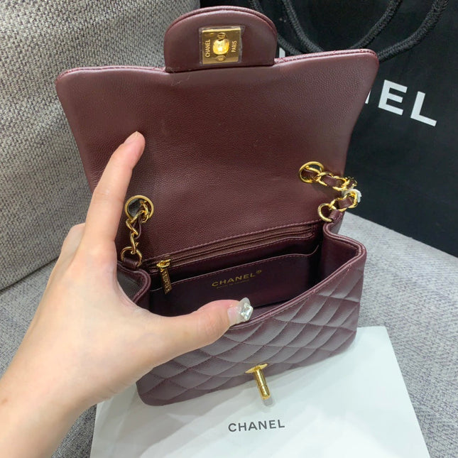 MINI SQUARE FLAP BAG 17CM CHOCOLATE CAVIAR GOLD HARDWARE