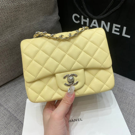 MINI SQUARE FLAP BAG 17CM YELLOW LAMBSKIN SILVER HARDWARE