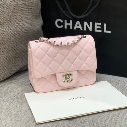 MINI SQUARE FLAP BAG 17CM PINK LAMBSKIN SILVER HARDWARE