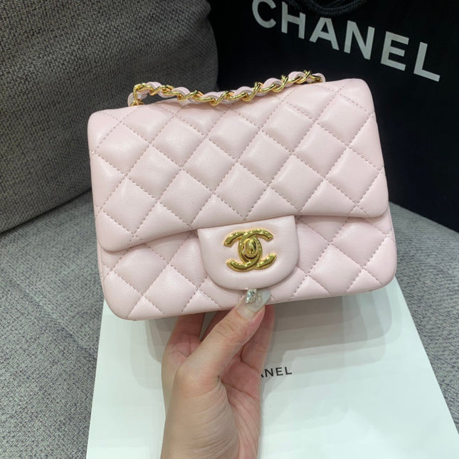 MINI SQUARE FLAP BAG 17CM PINK LAMBSKIN GOLD HARDWARE