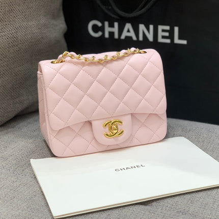 MINI SQUARE FLAP BAG 17CM PINK LAMBSKIN GOLD HARDWARE