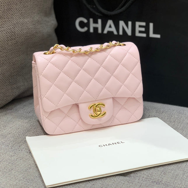 MINI SQUARE FLAP BAG 17CM PINK LAMBSKIN GOLD HARDWARE