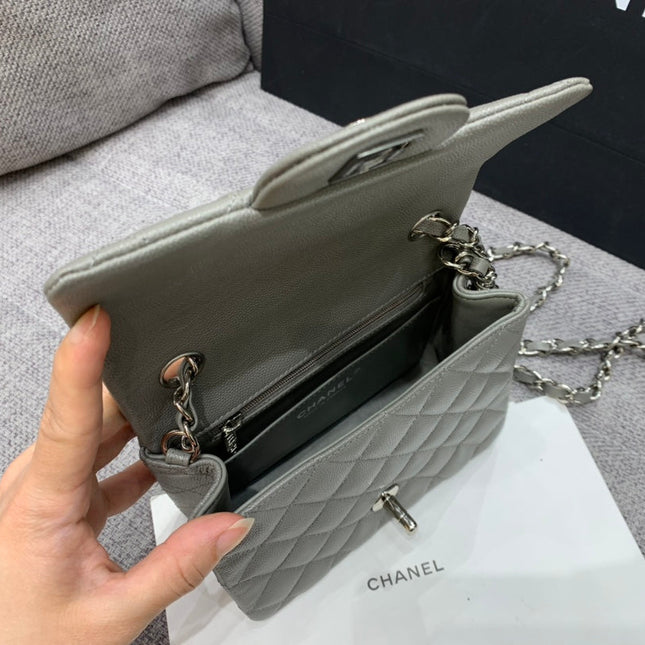 MINI SQUARE FLAP BAG 17CM GREY CAVIAR SILVER HARDWARE