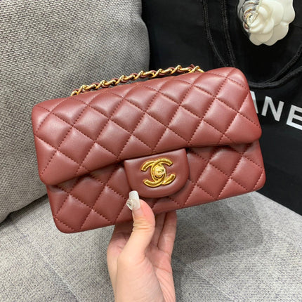 MINI RECTANGLE FLAP BAG 20CM BURGUNDY LAMBSKIN GOLD HARDWARE