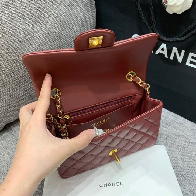 MINI RECTANGLE FLAP BAG 20CM BURGUNDY LAMBSKIN GOLD HARDWARE