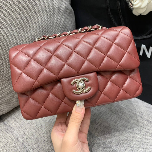 MINI RECTANGLE FLAP BAG 20CM BURGUNDY LAMBSKIN SILVER HARDWARE