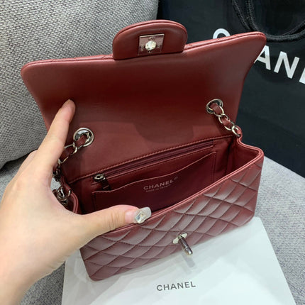 MINI RECTANGLE FLAP BAG 20CM BURGUNDY LAMBSKIN SILVER HARDWARE