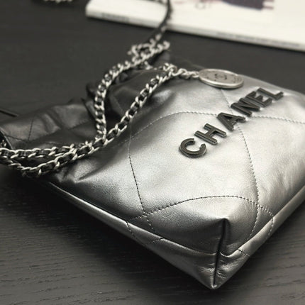 CC HOBO MINI 20CM BLACK GREY LAMBSKIN SILVER HARDWARE