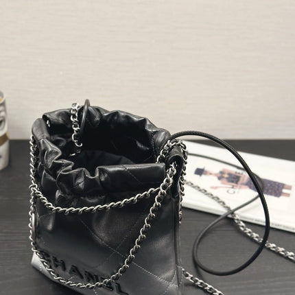 CC HOBO MINI 20CM BLACK GREY LAMBSKIN SILVER HARDWARE