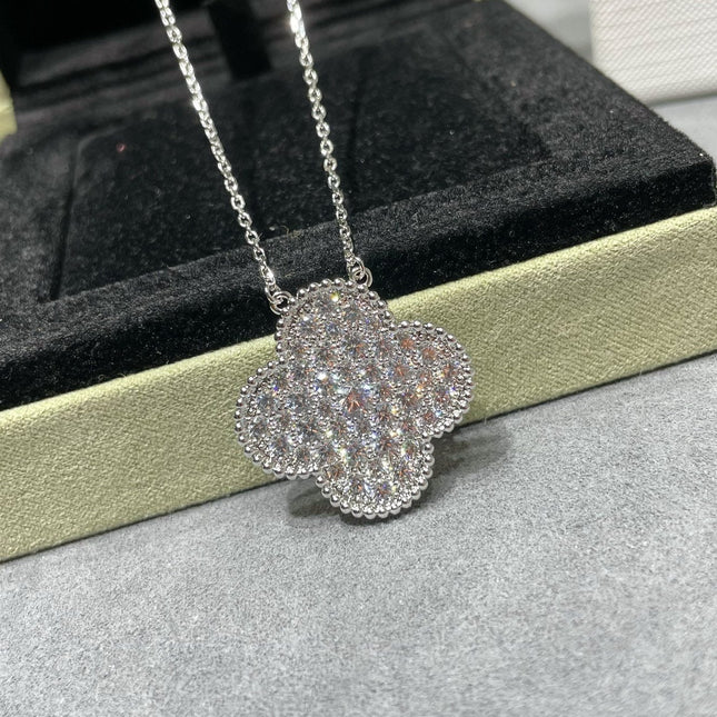 CLOVER LARGE PENDANT DIAMOND PAVED SILVER NECKLACE