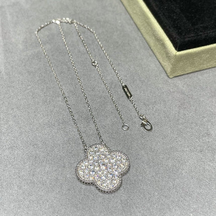 CLOVER LARGE PENDANT DIAMOND PAVED SILVER NECKLACE