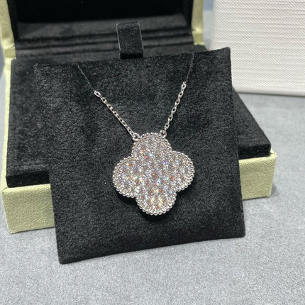 CLOVER LARGE PENDANT DIAMOND PAVED SILVER NECKLACE